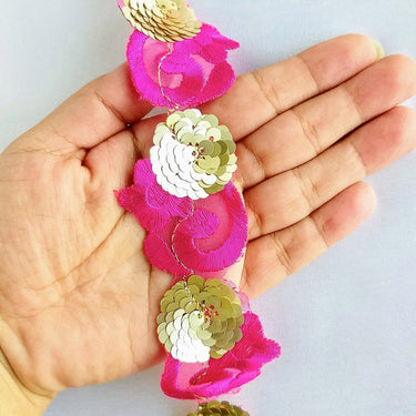 Fuchsia Pink Lace Trim, Tissue Fabric Cutwork With Floral Embroidery & Gold Sequins,